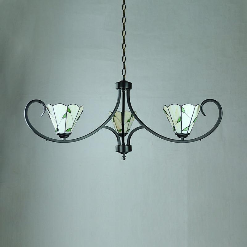 Beige Cone-Shaped Suspension Light Retro Style Stained Glass Leaf Pattern Chandelier - Rebooters