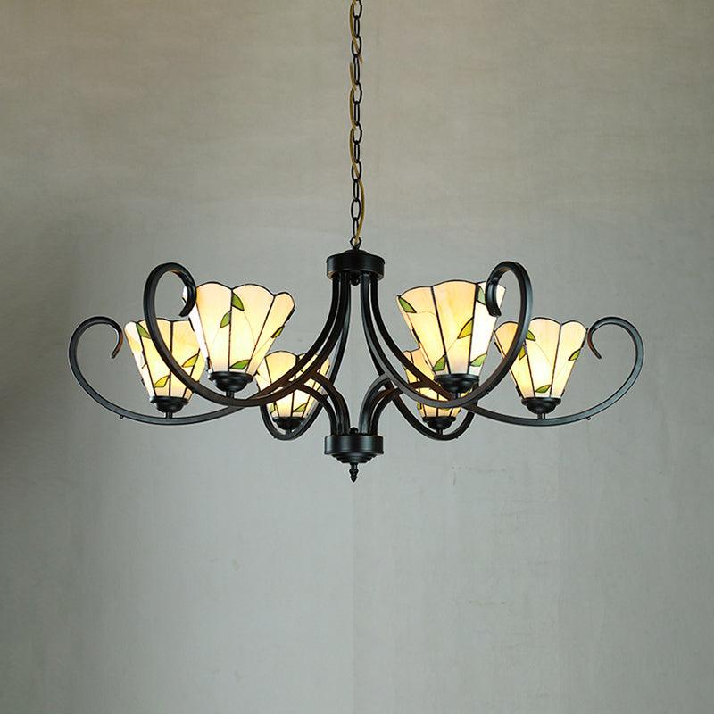 Beige Cone-Shaped Suspension Light Retro Style Stained Glass Leaf Pattern Chandelier - Rebooters