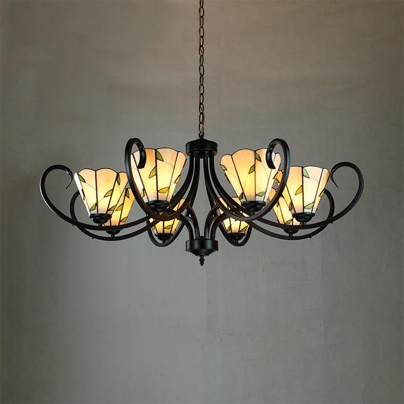 Beige Cone-Shaped Suspension Light Retro Style Stained Glass Leaf Pattern Chandelier - Rebooters