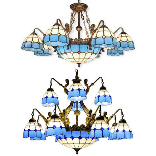 9/13 Lights Ceiling Light Tiffany Grid Patterned Cut Glass Chandelier in Blue - Rebooters