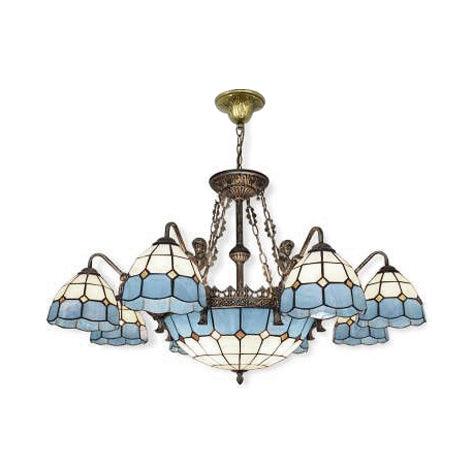 9/13 Lights Ceiling Light Tiffany Grid Patterned Cut Glass Chandelier in Blue - Rebooters