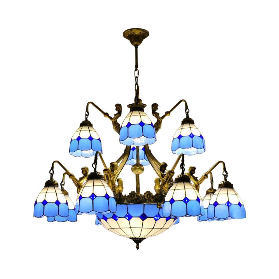 9/13 Lights Ceiling Light Tiffany Grid Patterned Cut Glass Chandelier in Blue - Rebooters