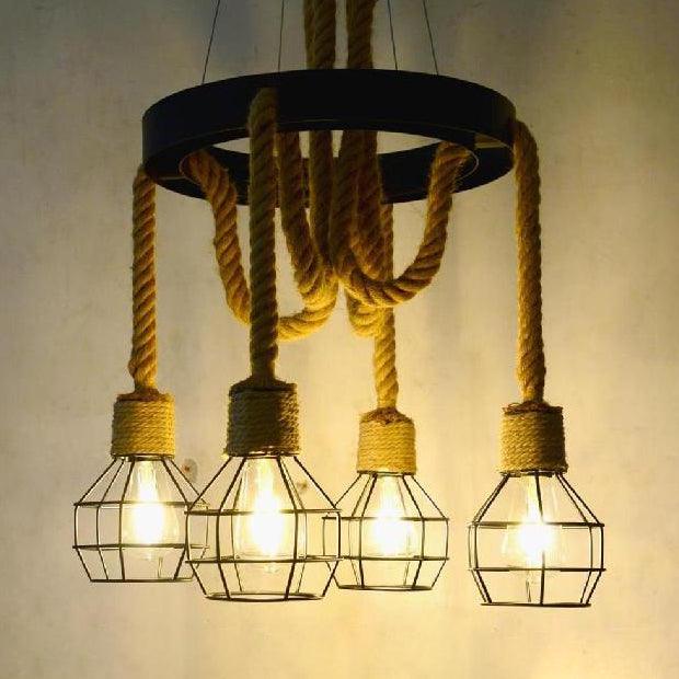 4/6 Bulbs Dome Cage Ceiling Light Retro Style Brown Rope and Metal Chandelier for Hallway - Rebooters