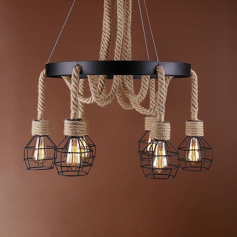 4/6 Bulbs Dome Cage Ceiling Light Retro Style Brown Rope and Metal Chandelier for Hallway - Rebooters