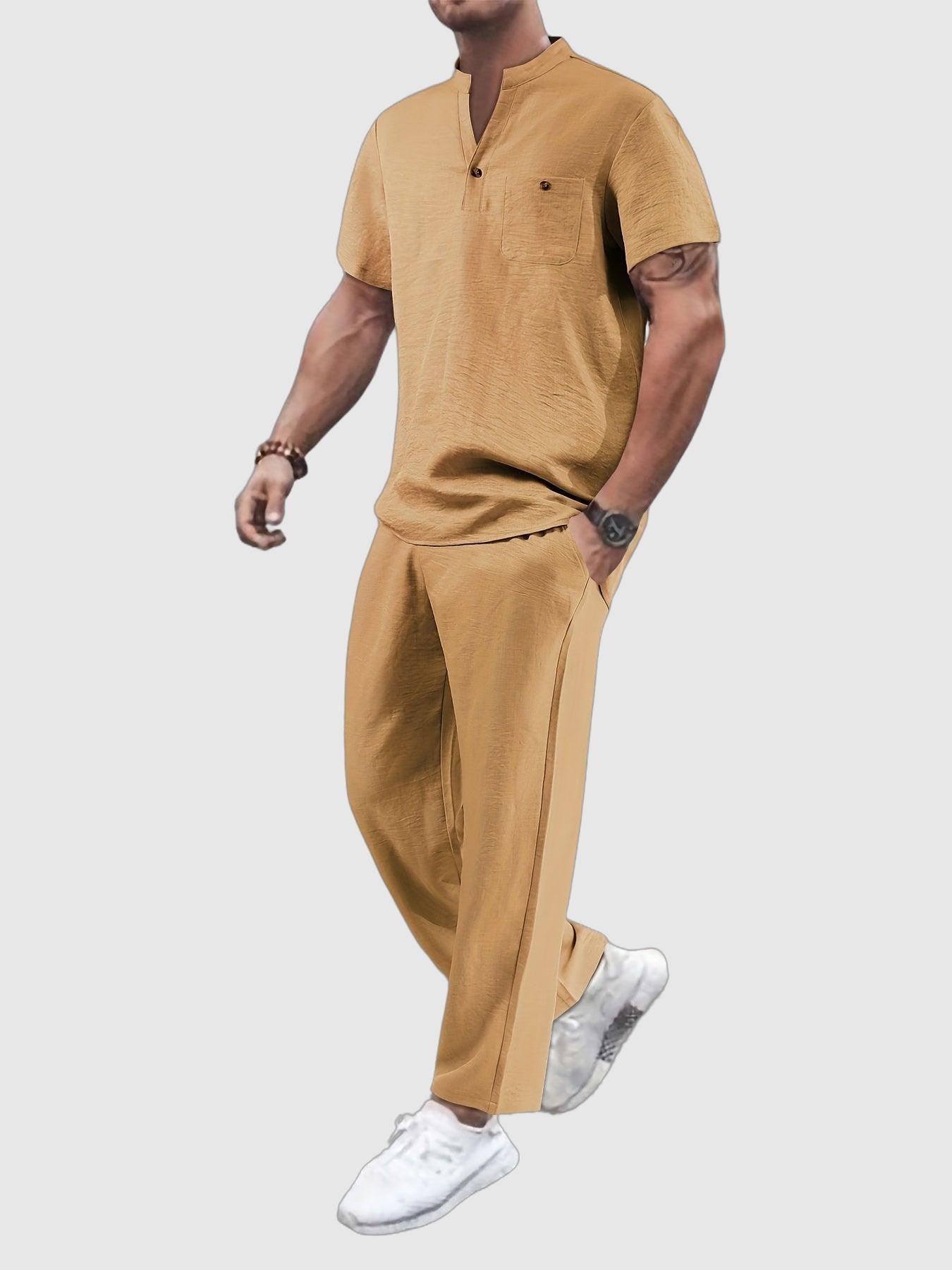 Solid Color Casual Buttoned V Neck Men Set for Effortless Style Rebooters mens 2 piece set