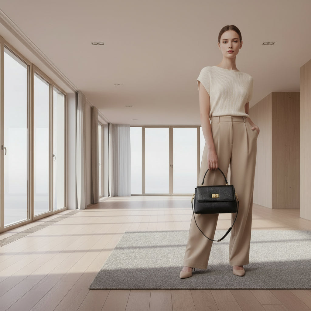 Woman in beige outfit holding black handbag in modern, minimalist living room