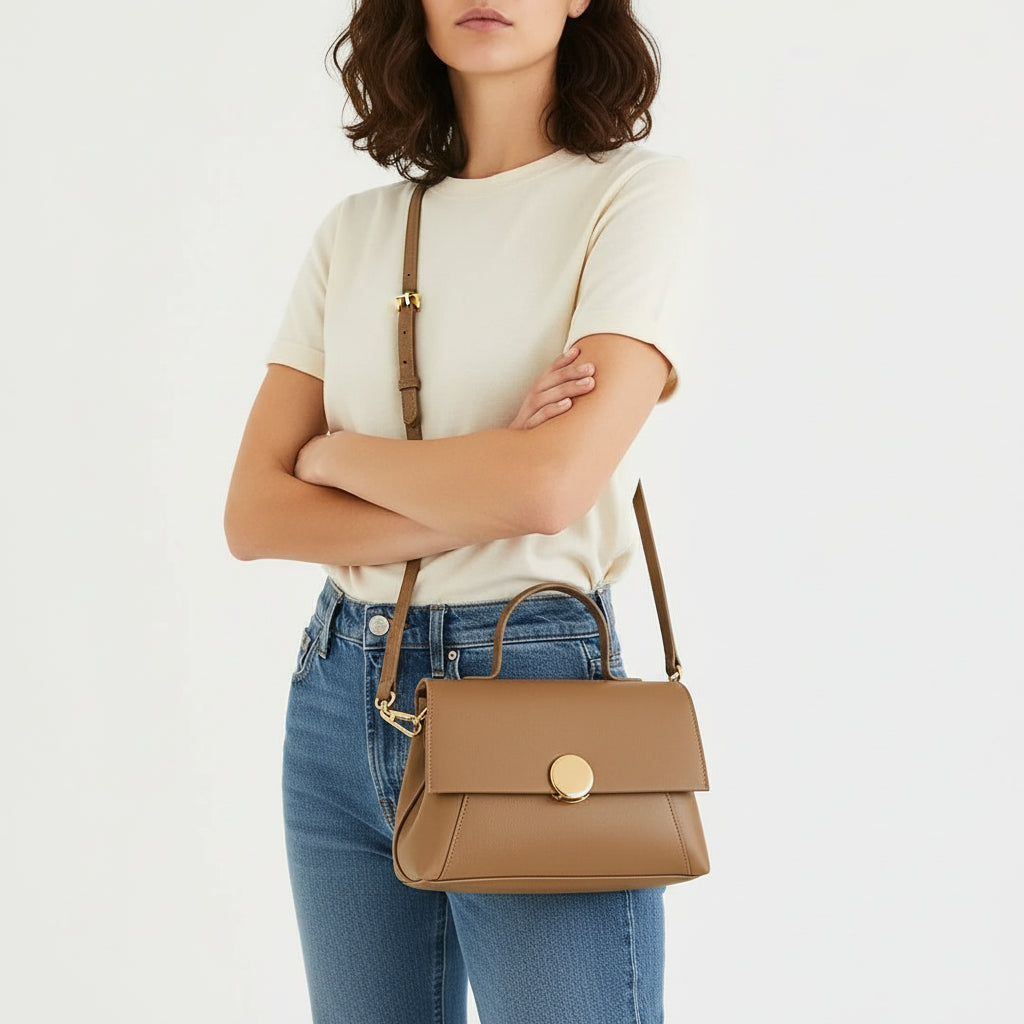 Woman wearing beige t-shirt, blue jeans, and carrying a tan leather crossbody handbag