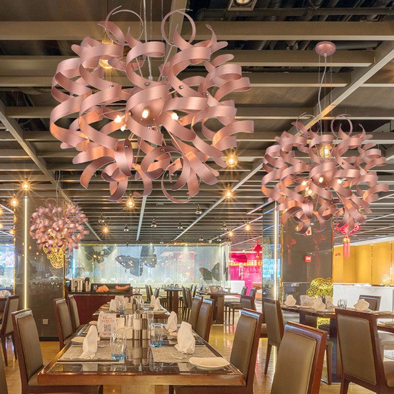 Metal Spiral Ribbon Shape Hanging Light Kit 6-Bulb Copper Finish Chandelier - Rebooters