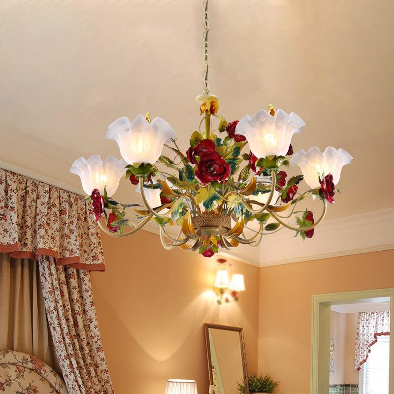 6/8 Heads Ceiling Hang Fixture Countryside Bloom Ivory Glass Pendant Chandelier in Light Tan - Rebooters