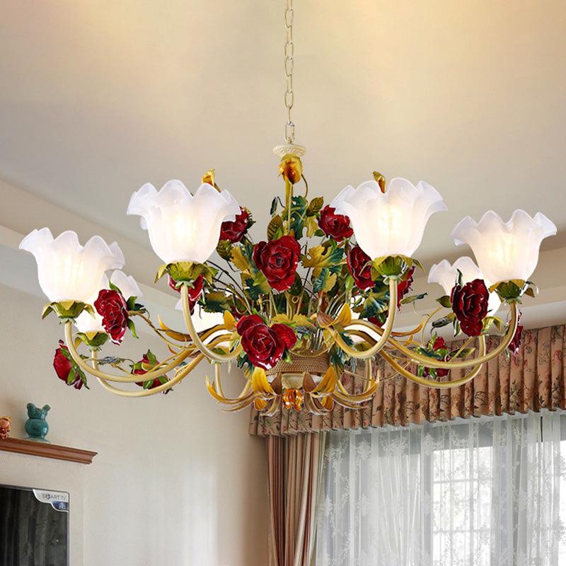 6/8 Heads Ceiling Hang Fixture Countryside Bloom Ivory Glass Pendant Chandelier in Light Tan - Rebooters