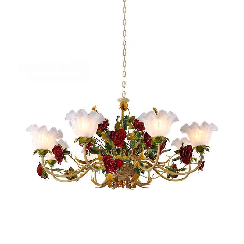 6/8 Heads Ceiling Hang Fixture Countryside Bloom Ivory Glass Pendant Chandelier in Light Tan - Rebooters