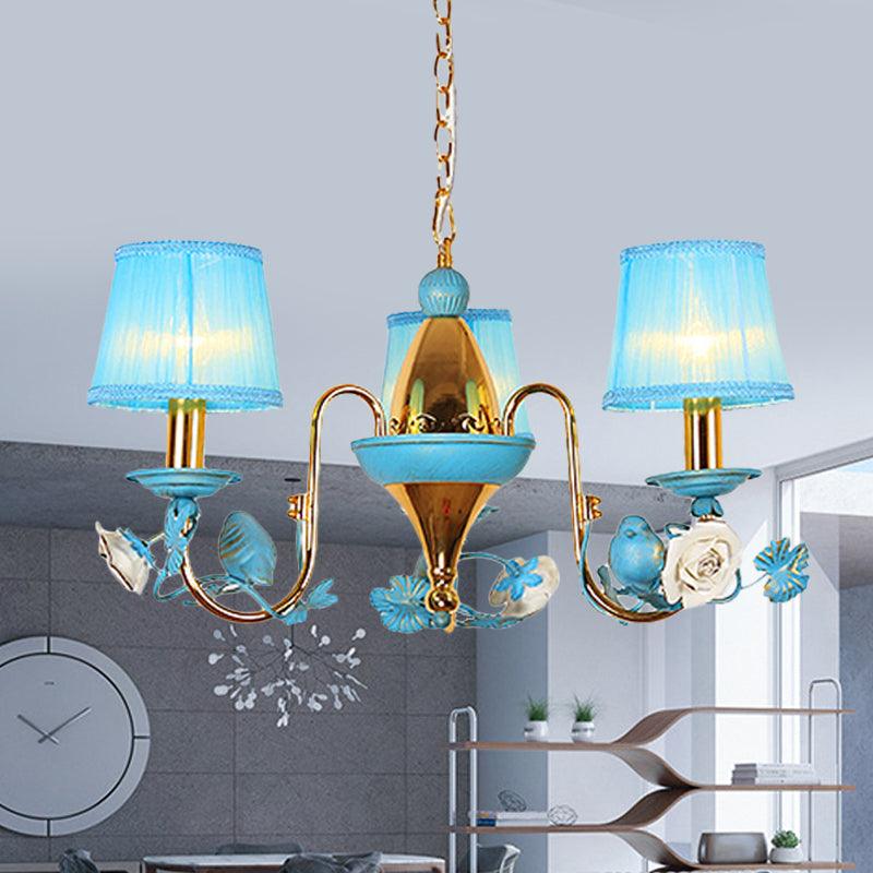 3-Light Metal Ceiling Chandelier Korean Flower Blue Gooseneck Arm Pendant - Rebooters
