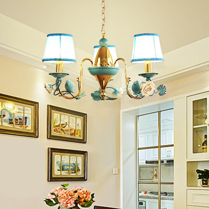 3-Light Metal Ceiling Chandelier Korean Flower Blue Gooseneck Arm Pendant - Rebooters