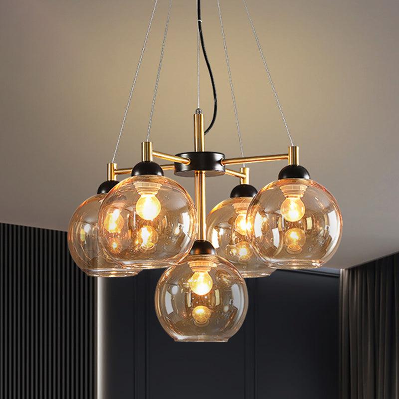 Amber Smoke Grey Glass Spherical Chandelier Light Modernism 5 Heads Black Finish Pendant Lighting Fixture - Rebooters