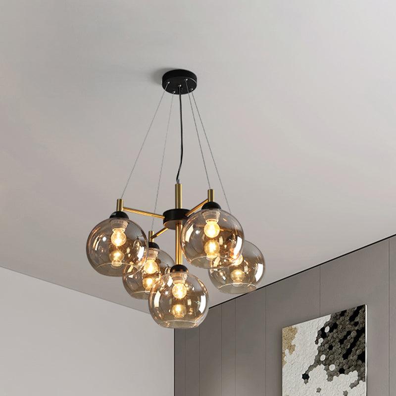 Amber Smoke Grey Glass Spherical Chandelier Light Modernism 5 Heads Black Finish Pendant Lighting Fixture - Rebooters