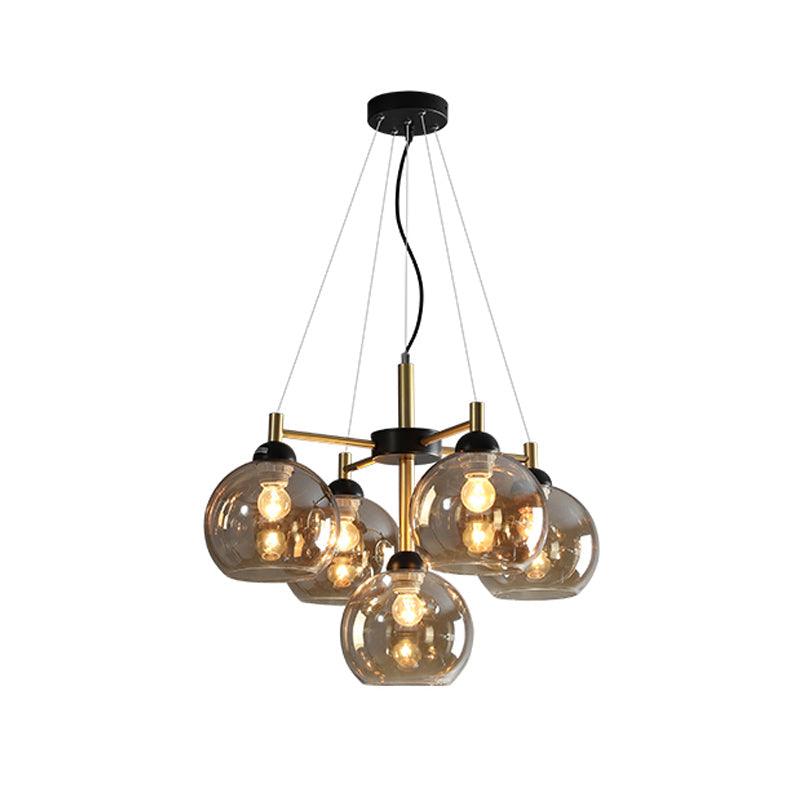 Amber Smoke Grey Glass Spherical Chandelier Light Modernism 5 Heads Black Finish Pendant Lighting Fixture - Rebooters