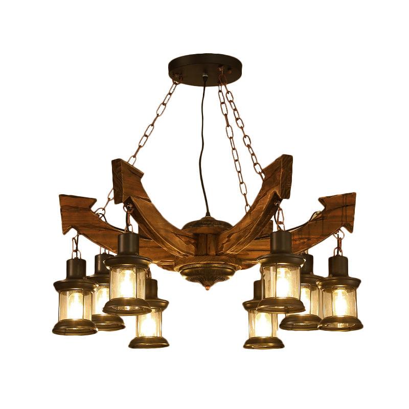 8 Lights Pendant Chandelier Farm Clear Glass Suspension Lamp in Black with Wood Anchor Deco - Rebooters