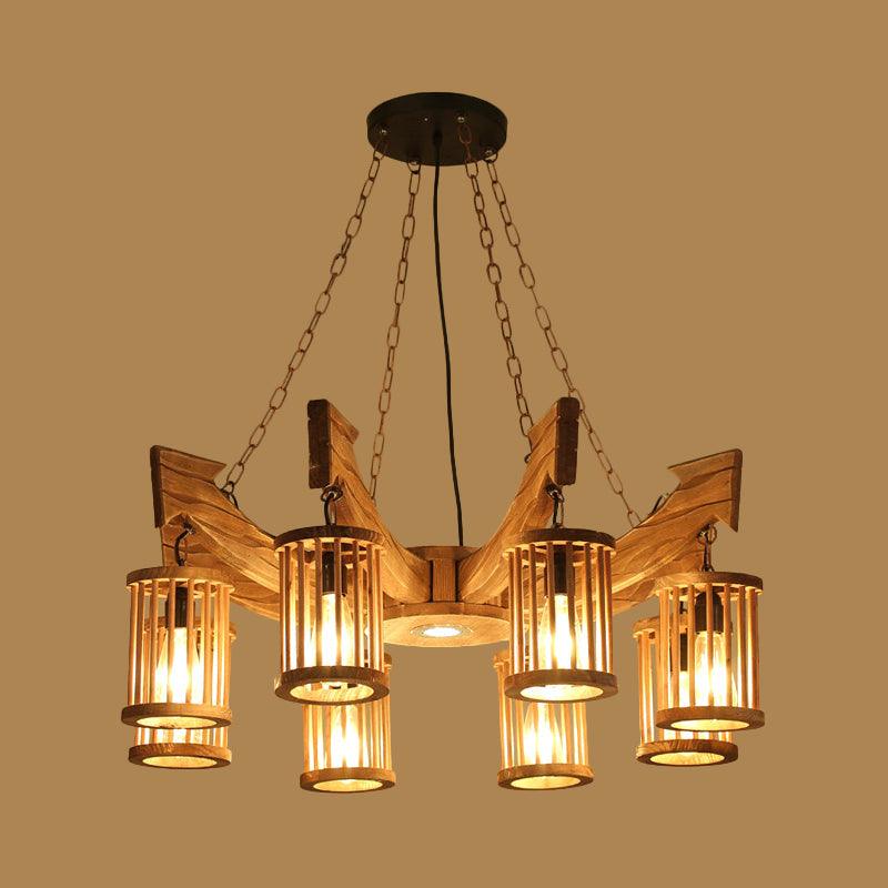6/8-Head Cylinder Chandelier Lighting Fixture Industrial Brown Wood Hanging Ceiling Light - Rebooters