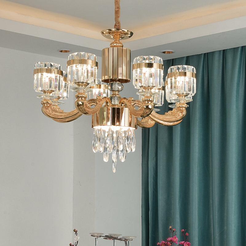 6/8 Lights Cylinder Chandelier Lighting Modern Gold Crystal Ceiling Pendant Lamp - Rebooters