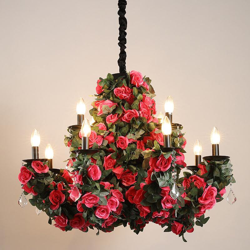12-Bulb Hanging Chandelier Retro Candle Iron Flower Pendant - Rebooters