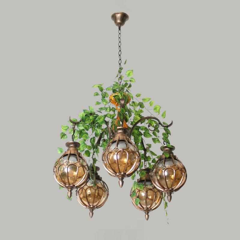 Amber Glass Brass Chandelier Light Ball 5/9 Lights Fixture - Rebooters
