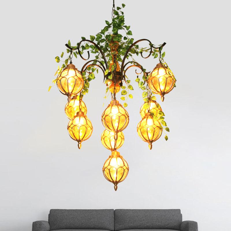 Amber Glass Brass Chandelier Light Ball 5/9 Lights Fixture - Rebooters