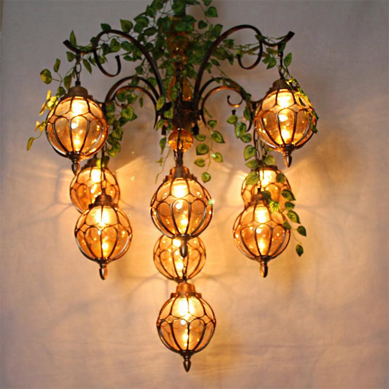 Amber Glass Brass Chandelier Light Ball 5/9 Lights Fixture - Rebooters