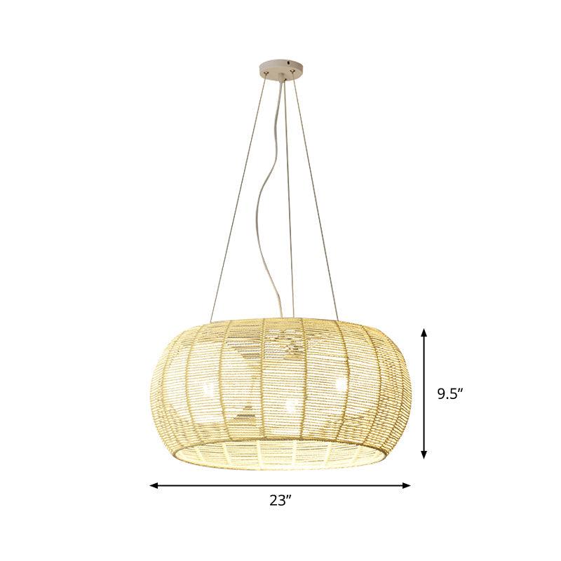 Bamboo Rattan Drum Pendant Chandelier 3 Lights Beige Lamp - Rebooters