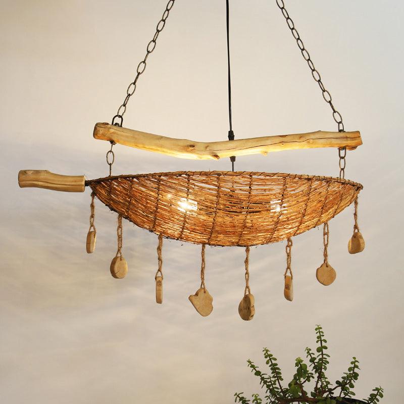 Asian Boat Shape Ceiling Chandelier Bamboo Rattan Lamp - Rebooters