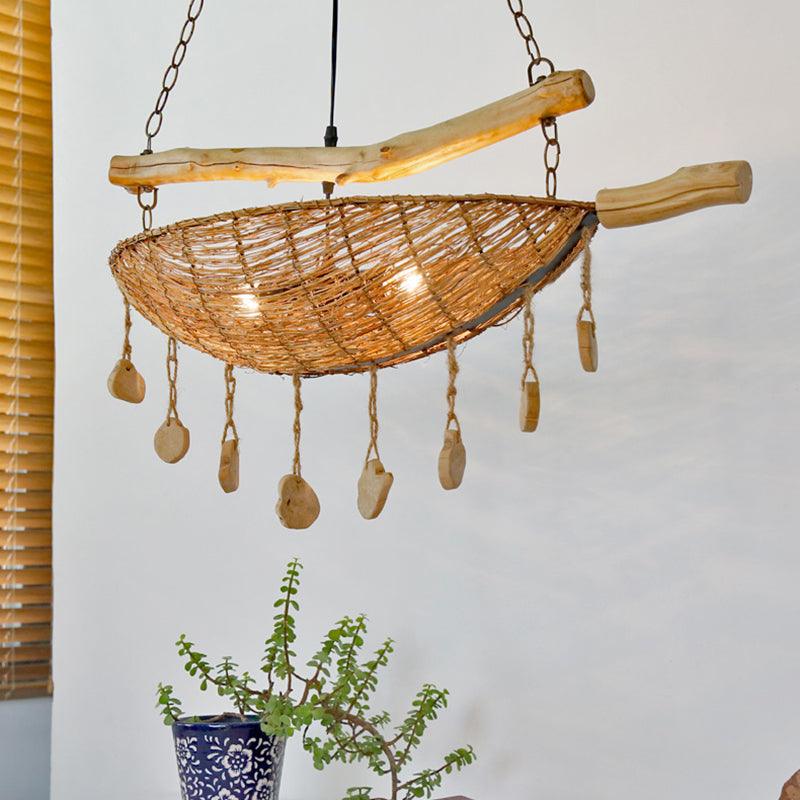 Asian Boat Shape Ceiling Chandelier Bamboo Rattan Lamp - Rebooters