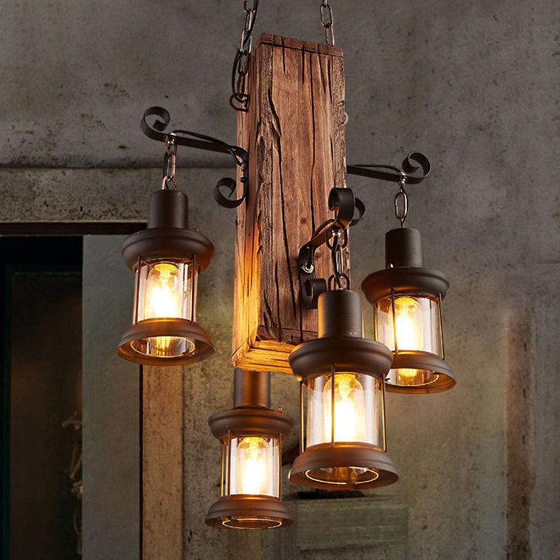 Black 4 Lights Chandelier Light Fixture Industrial Clear Glass Lantern Pendant Lamp with Wooden Beam - Rebooters