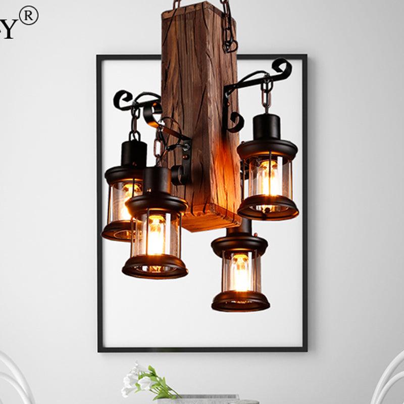 Black 4 Lights Chandelier Light Fixture Industrial Clear Glass Lantern Pendant Lamp with Wooden Beam - Rebooters