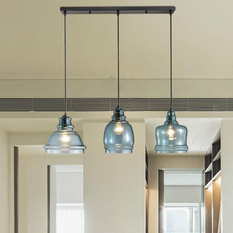 3 Lights Multi Pendant with Different Shade Blue Glass Modern Dining Room Fixture - Rebooters