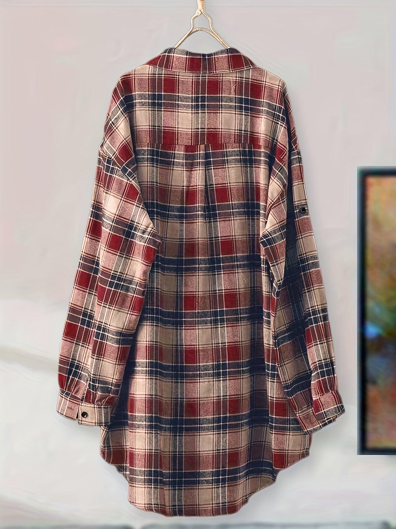 Plaid Button-Up Longline Shirt For Women - Cozy Style Rebooters Womens Shirts