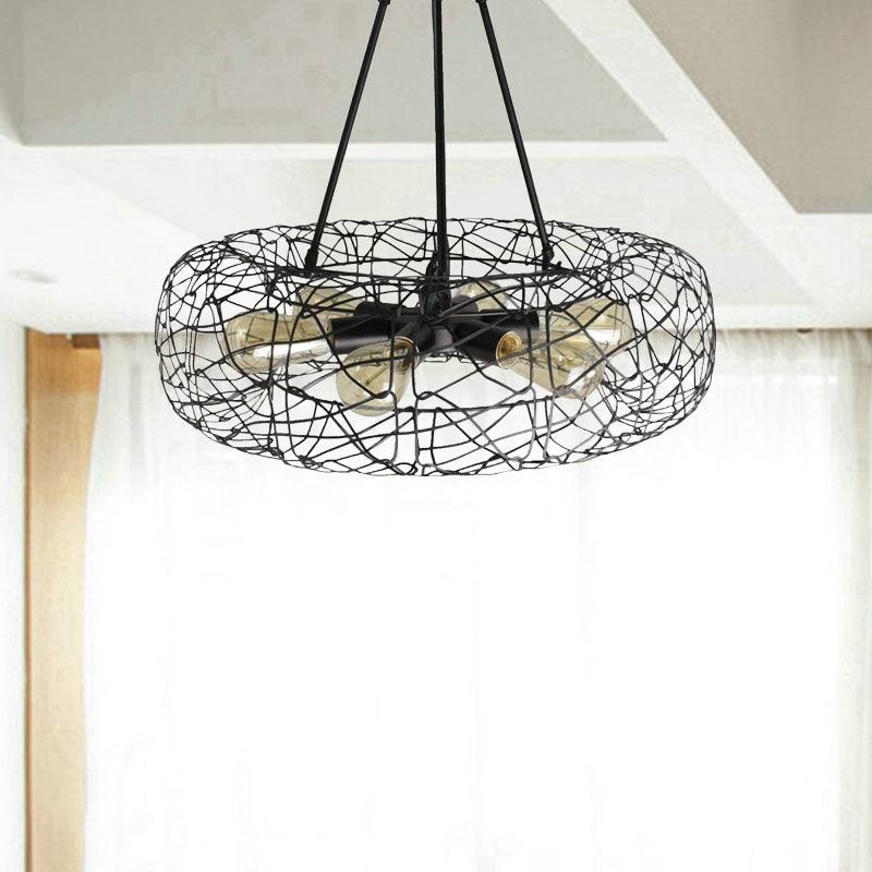 6 Lights Drum Ceiling Light Fixture with Mesh Screen Industrial Black Metal Chandelier - Rebooters