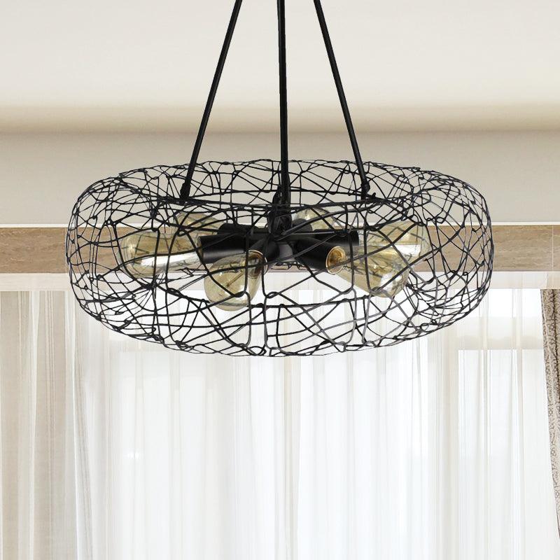 6 Lights Drum Ceiling Light Fixture with Mesh Screen Industrial Black Metal Chandelier - Rebooters