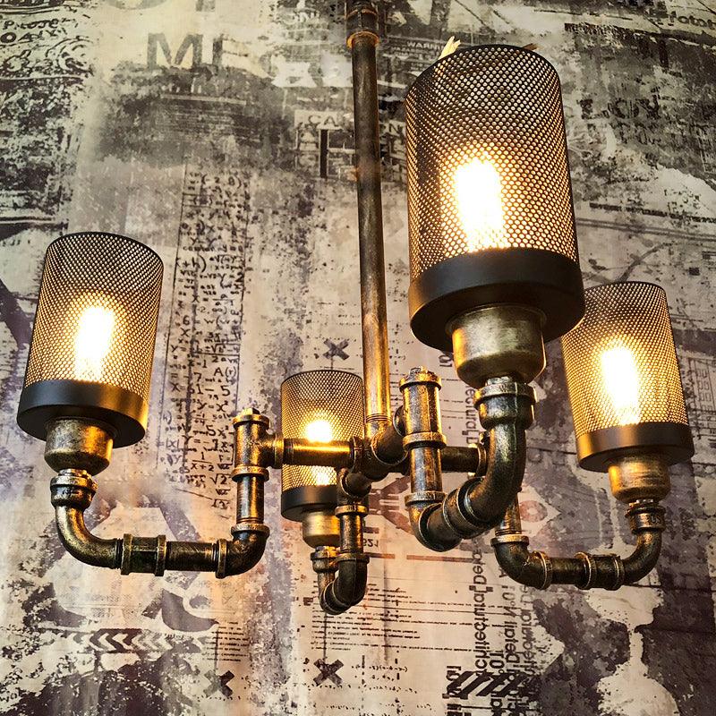 4 Bulbs Cylinder Chandelier Lamp with Mesh Screen Vintage Bronze - Rebooters