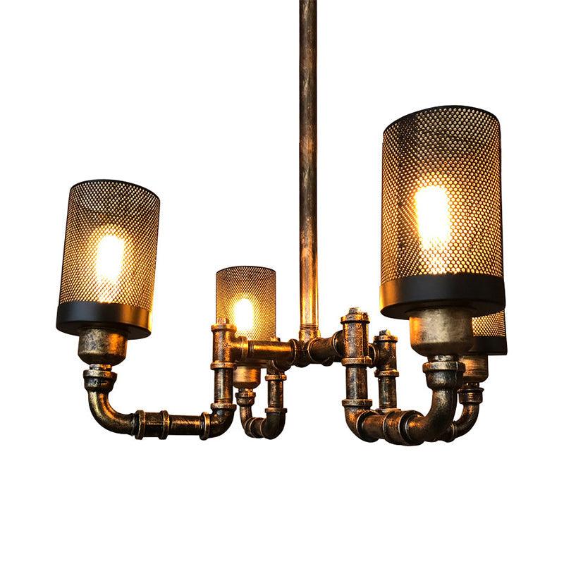 4 Bulbs Cylinder Chandelier Lamp with Mesh Screen Vintage Bronze - Rebooters