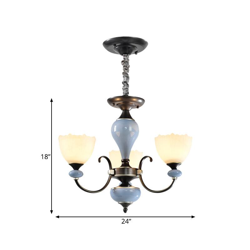 3/6 Heads Pendant Chandelier Countryside Bowl White Glass Ceiling Light in Black - Rebooters