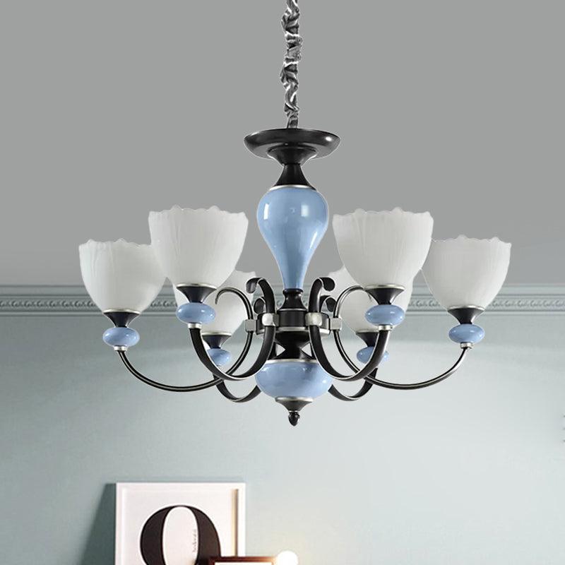 3/6 Heads Pendant Chandelier Countryside Bowl White Glass Ceiling Light in Black - Rebooters