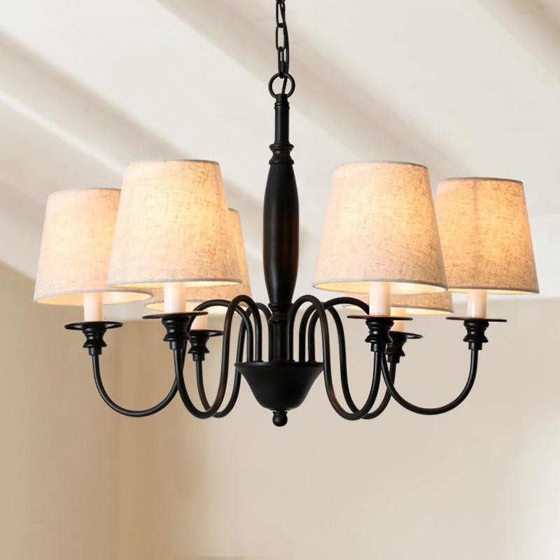 Black 6 Heads Chandelier Lighting Country Fabric Tapered Pendant - Rebooters