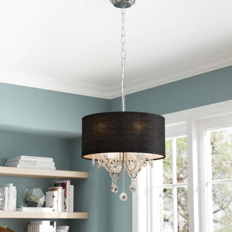 4 Lights Chandelier Modernism Drum Fabric Hanging Ceiling Light in Black with Crystal Ball Accent - Rebooters
