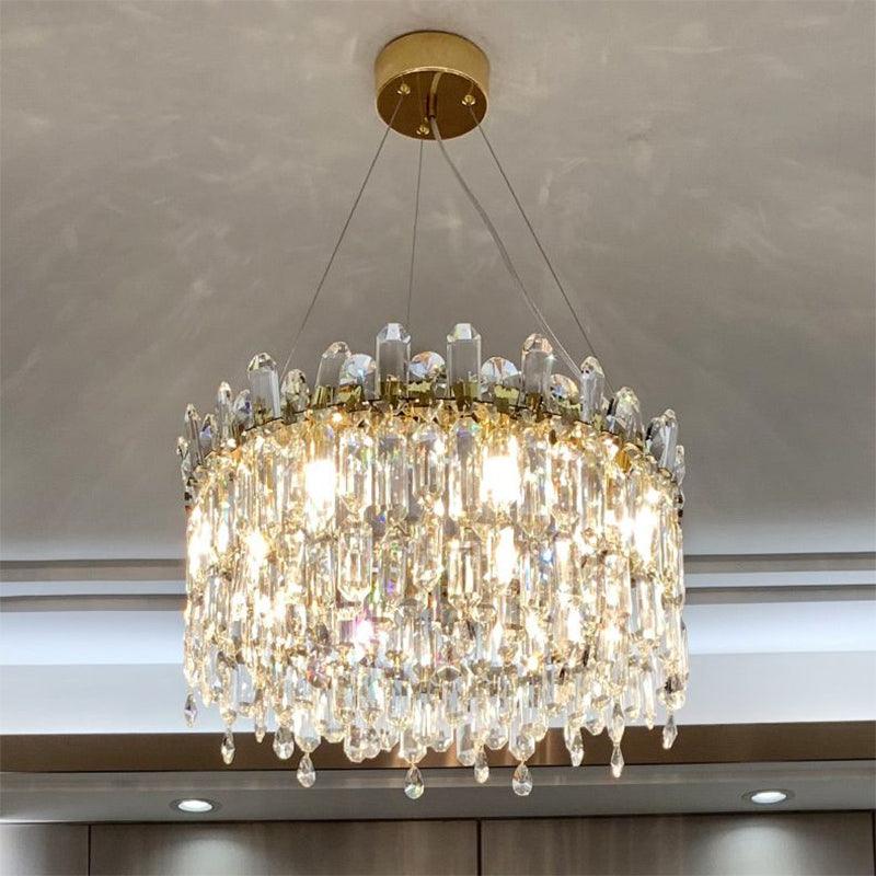 8 Bulbs Round Chandelier Lamp Simple Style Gold Crystal Pendant - Rebooters