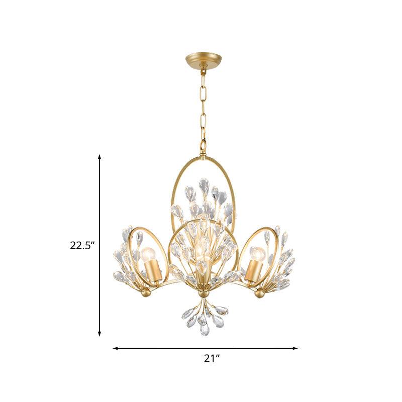 3-Bulb Crystal Chandelier Light Fixture Retro Gold Petals Pendant - Rebooters