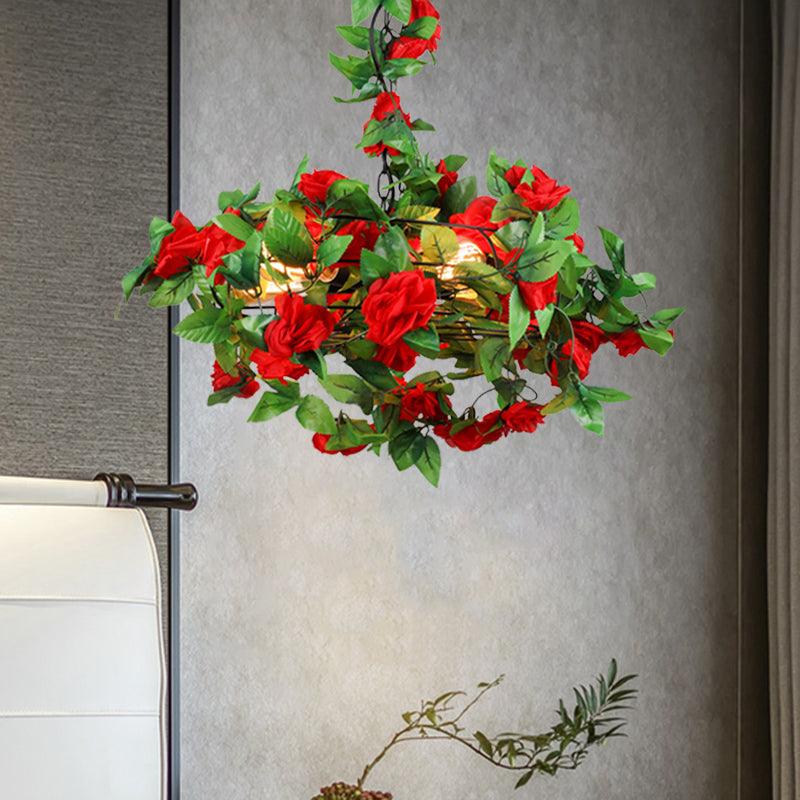 5 Lights Ceiling Chandelier Farmhouse Fan Cage Iron Drop Pendant with Orange and Red Maple Leaf Red Rose Deco - Rebooters