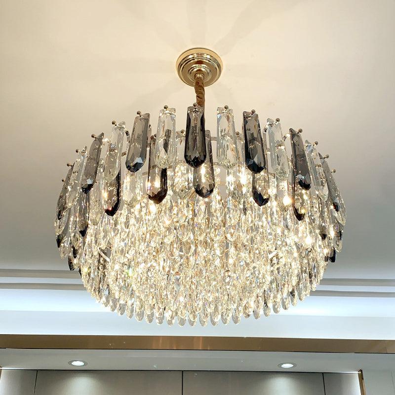 9 Heads Grey Crystal Block Chandelier Modern Gold Round Ceiling Hang Fixture - Rebooters