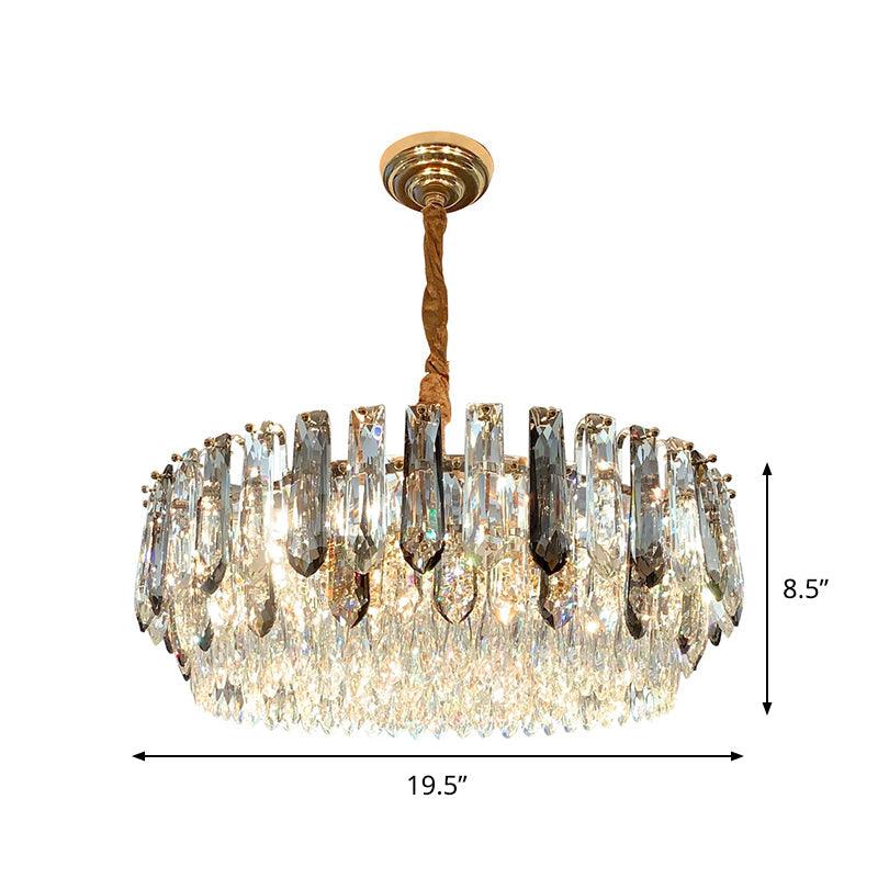 9 Heads Grey Crystal Block Chandelier Modern Gold Round Ceiling Hang Fixture - Rebooters