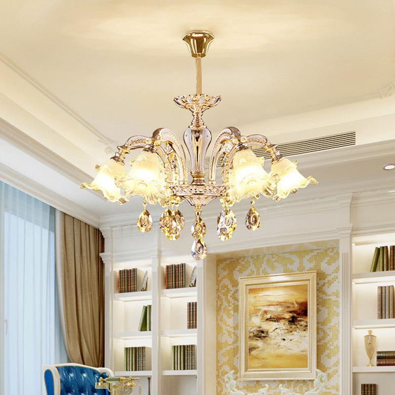 2-Layer Ruffle Clear Glass Chandelier Antiqued 3/6 Lights Dining Table Suspension Lamp in Gold - Rebooters