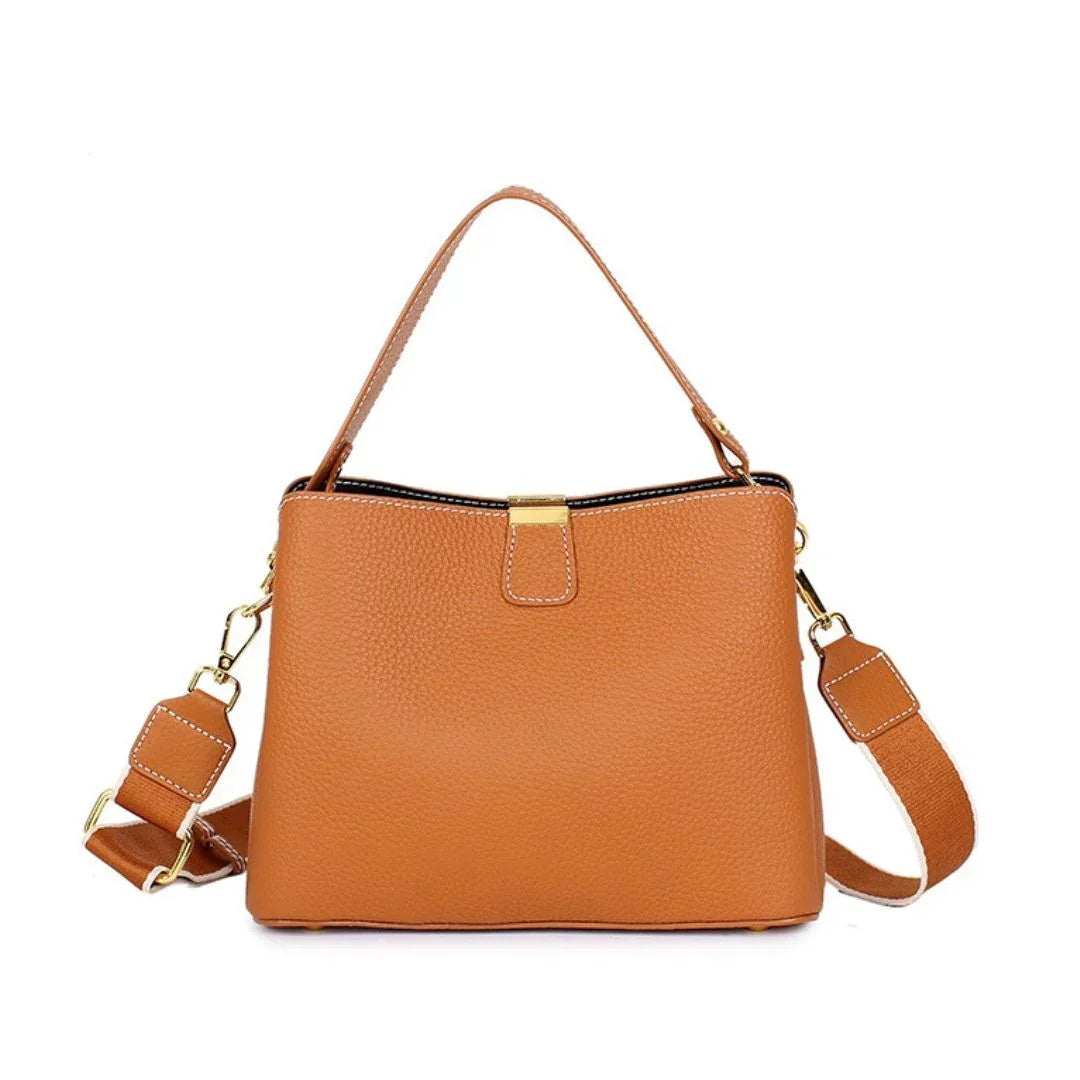 Brown leather handbag with gold hardware and detachable shoulder strap on white background