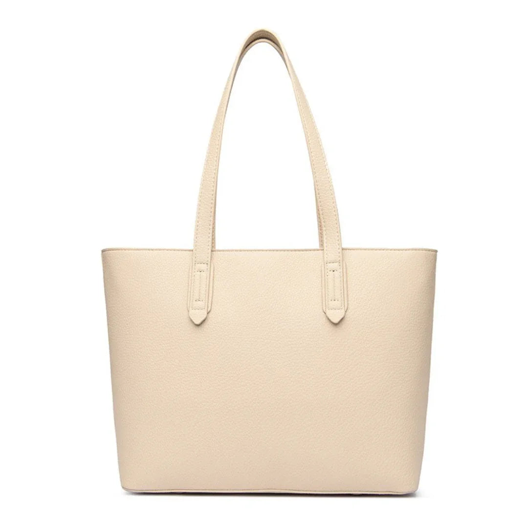 Beige leather tote bag with double shoulder straps on white background